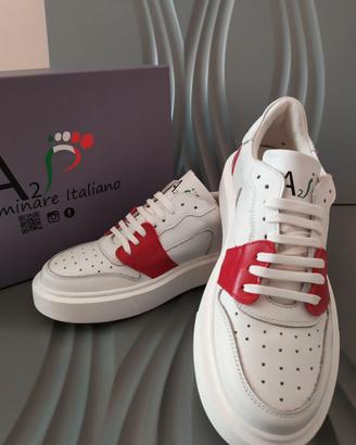 Scarpe Uomo Sneakers Vera Pelle Bianca N.42