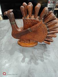 Porta posate Vintage  Pavone in legno intagliato 