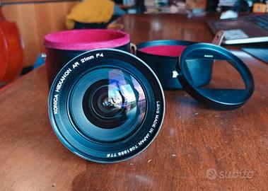 konica hexanon AR 21mm f4 con custodia e paraluce