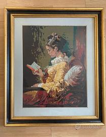 Quadro in ricamo a punto croce. Dama che legge