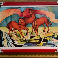 Dipinto con cavalli e cornice (Colore Rosso)