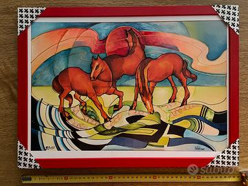 Dipinto con cavalli e cornice (Colore Rosso)