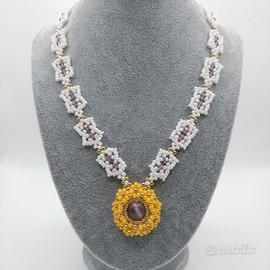 Collana Vintage floreale Ciondolo Pietra naturale