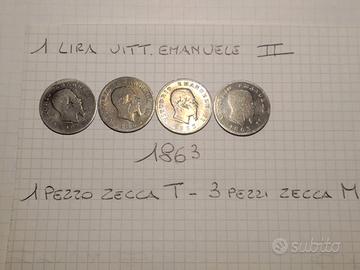 1 LIRA-"VITT.EMANUELE II"-ANNO 1863-PEZZI 4-FOTO