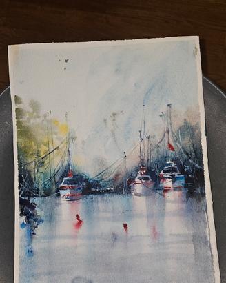 Dipinto acquerello - Marina con barche a vela