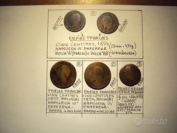 5 monete storiche "Empire Francois"1854,1855,1792.