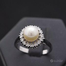 ANELLO RUFF ORO BIANCO 18KT DIAMANTI 0,13CT  PERLA