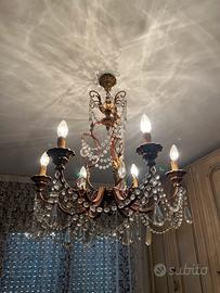lampadario in bronzo con pendenti in cristallo