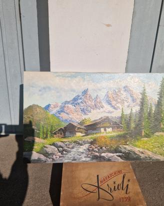 Dipinto olio su tela Casetta con fiumicello