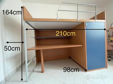 Letto a soppalco con scrivania e armadio