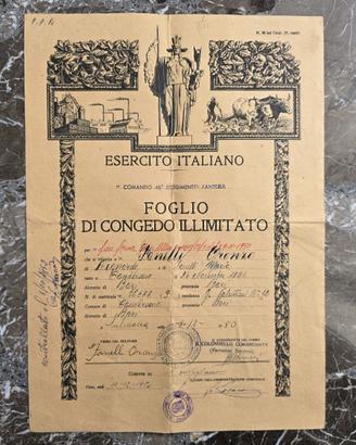 Foglio di Congedo Illimitato - MILITARE - 1950