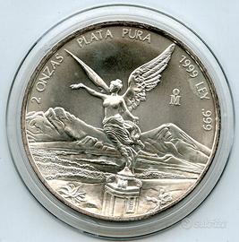 MESSICO 2 ONCE ARGENTO 999 ANNO RARO 1999