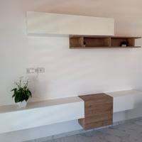 Soggiorno parete sospesa bianco lucido-rovere