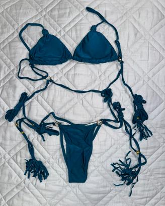 Bikini donna blu petrolio con laccetti e frange