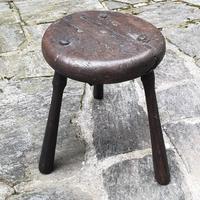 Antico Sgabello in Legno per Mungitura Vintage