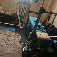 Panca bilanciere pesi gambe cavi manubri