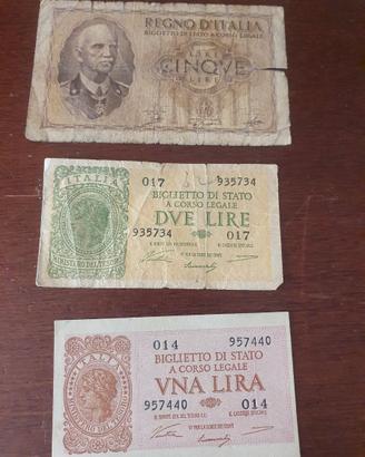 Lotto banconote 5 lure 2lire 1 lira
