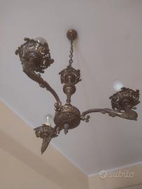 LAMPADARIO ANTICO IN OTTONE 3 LUCI VINTAGE