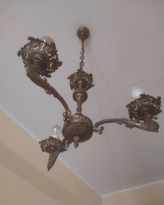 LAMPADARIO ANTICO IN OTTONE 3 LUCI VINTAGE