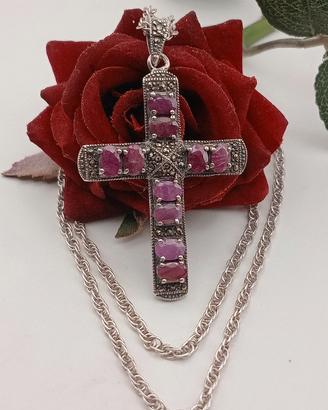 collana antica croce argento 925 rubini art decò 