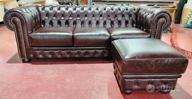Divano 3 posti con pouff Chester in pelle vintage