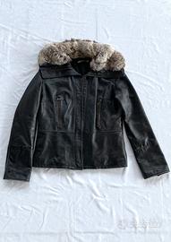 Giacca vera pelle vintage nera collo pelliccia XL