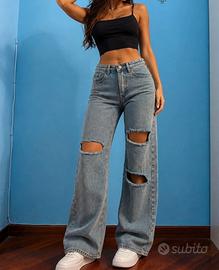 Jeans Wide leg gamba ampia strappati vita alta L