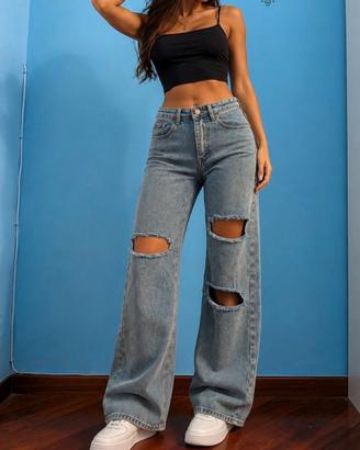 Jeans Wide leg gamba ampia strappati vita alta L