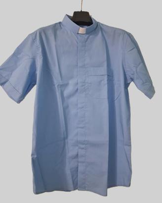Camicia sacerdote Clergyman celeste maniche corte