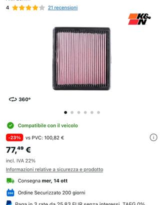Filtro aria per alfa mito da 2009