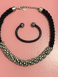 Collana girocollo strass e bracciale nero