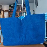 maxi borsa tote in velluto a coste blu- shopping b