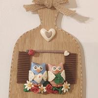 Tavoletta legno con gufetti e ganci appendichiavi