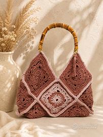Maxi borsa uncinetto granny square manici bambu