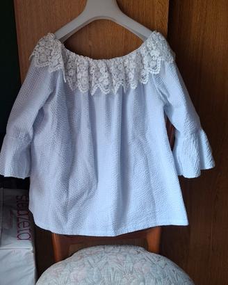 Blusa manica a tre quarti Vichy e ricamo scollo