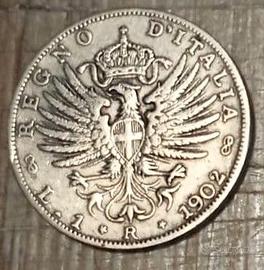 #2340-Una Moneta 1 Lira 1902 Argento Regno Italia