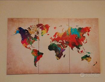"Quadro Trittico Mappa del Mondo Colorata - Stile 