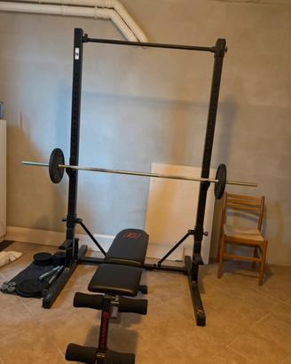 Rack + panca + bilancere + pesi