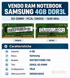 RAM Samsung 4GB DDR3L 1600MHz SO-DIMM per Notebook