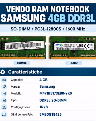 RAM Samsung 4GB DDR3L 1600MHz SO-DIMM per Notebook