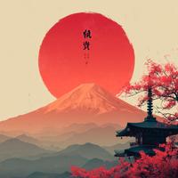 Poster Fuji Sole Rosso Pagoda Sakura Ukiyo-e A3