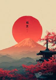 Poster Fuji Sole Rosso Pagoda Sakura Ukiyo-e A3