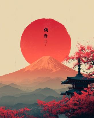 Poster Fuji Sole Rosso Pagoda Sakura Ukiyo-e A3