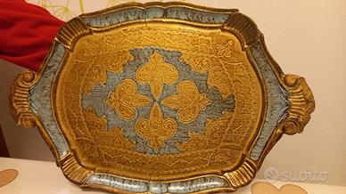 vassoio in legno VINTAGE color oro e azzurro 