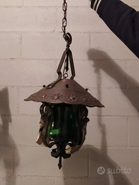 Lampadario a lanterna in ferro battuto e rame