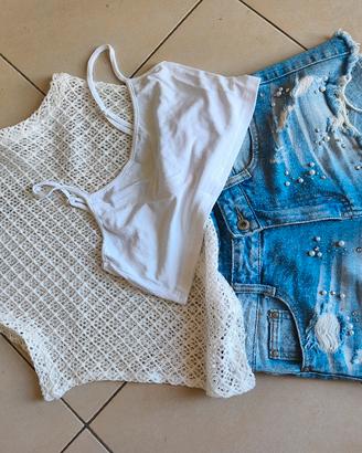 set pantaloncino denim sfrangiato S 
