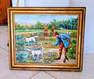 Quadro con cacciatore dipinto a mano su tela.