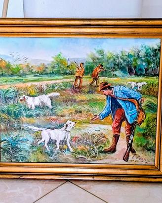 Quadro con cacciatore dipinto a mano su tela.