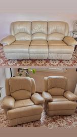 Set Divano e Poltrona Pelle Beige Reclinabili