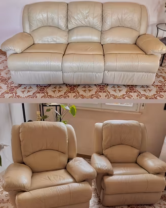 Set Divano e Poltrona Pelle Beige Reclinabili